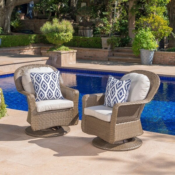 Liam Outdoor Brown Wicker Swivel Club Chairs with Water Resistant Cushions (Set of 2) by Christopher Knight Home