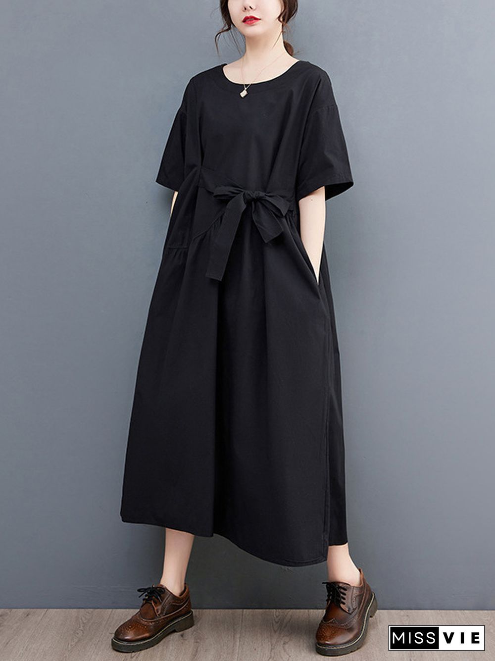 Casual Half Sleeves Loose Solid Color Round-Neck Midi Dresses