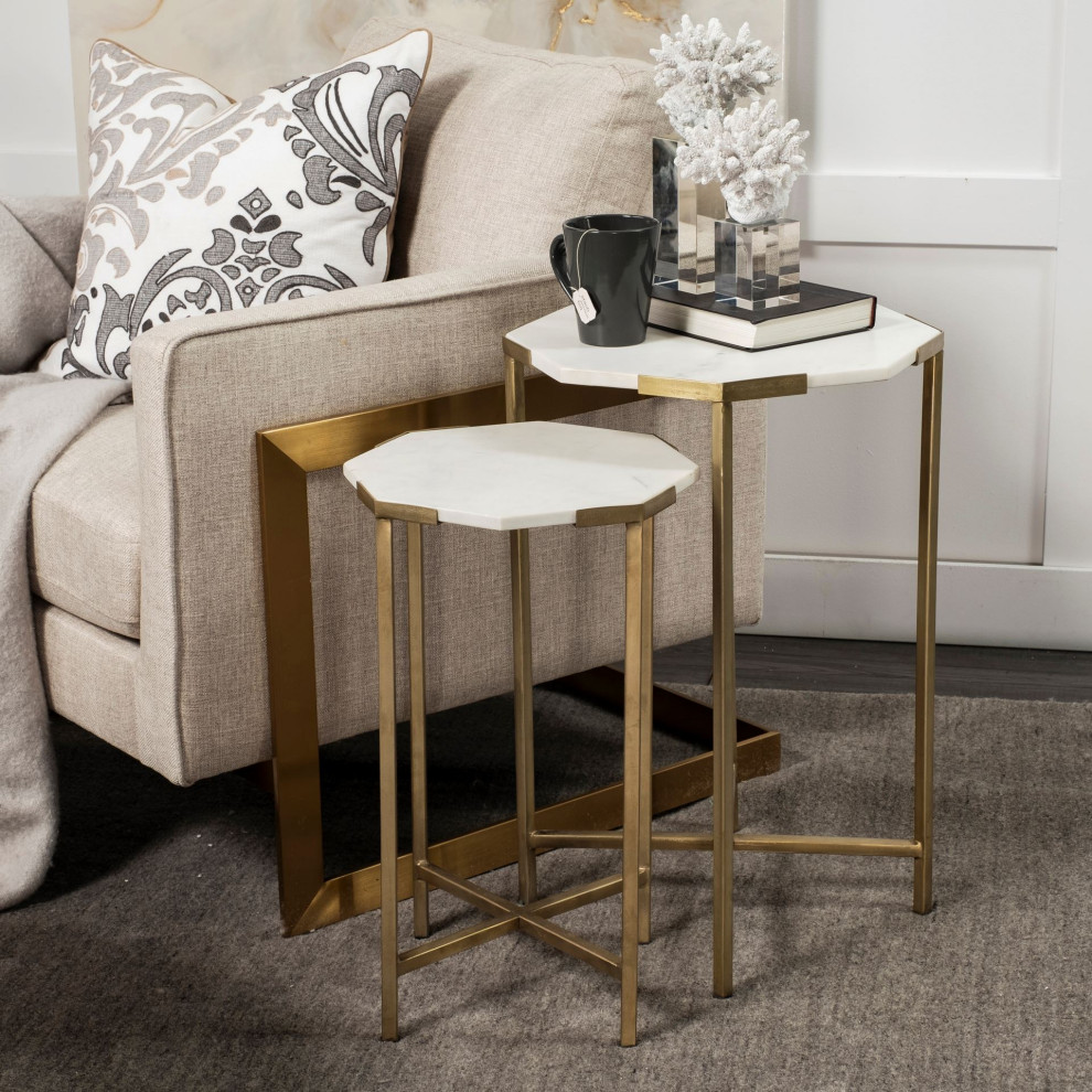 Vincent II 15.5 x 24.5 Set of Two White Marble and Iron Hexagonal Side Tables   Contemporary   Coffee Table Sets   by Mercana  Houzz