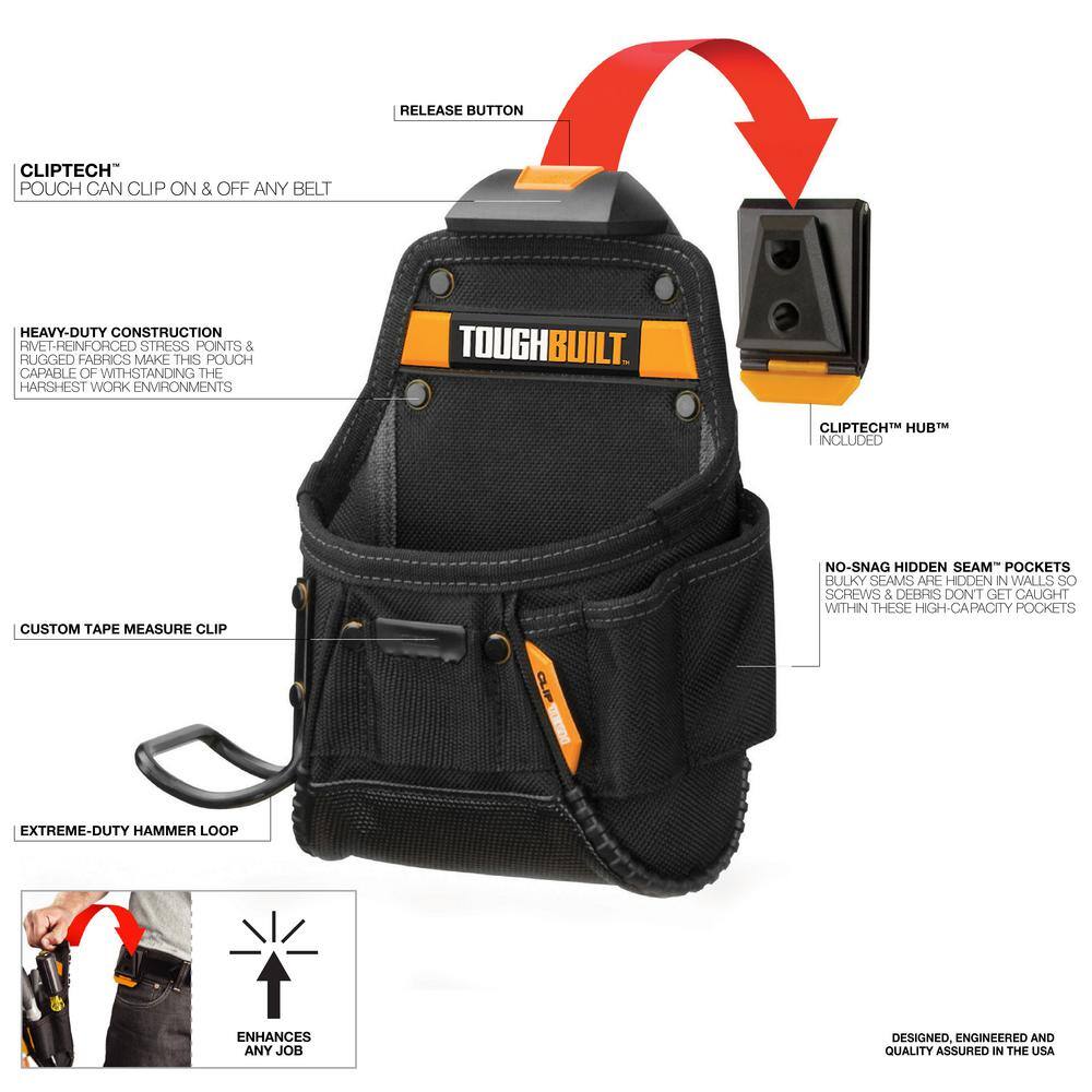 TOUGHBUILT Project Pouch with Hammer Loop Black with ClipTech and rugged 6-layer rivet-reinforced construction TB-CT-24