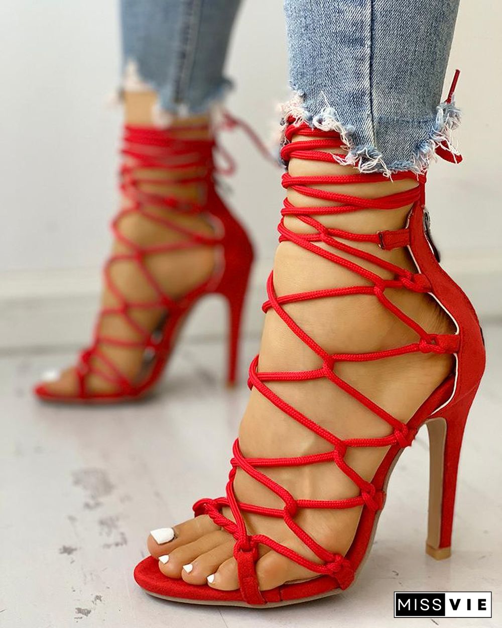 Hollow Out Lace Up Thin Heels Sandals