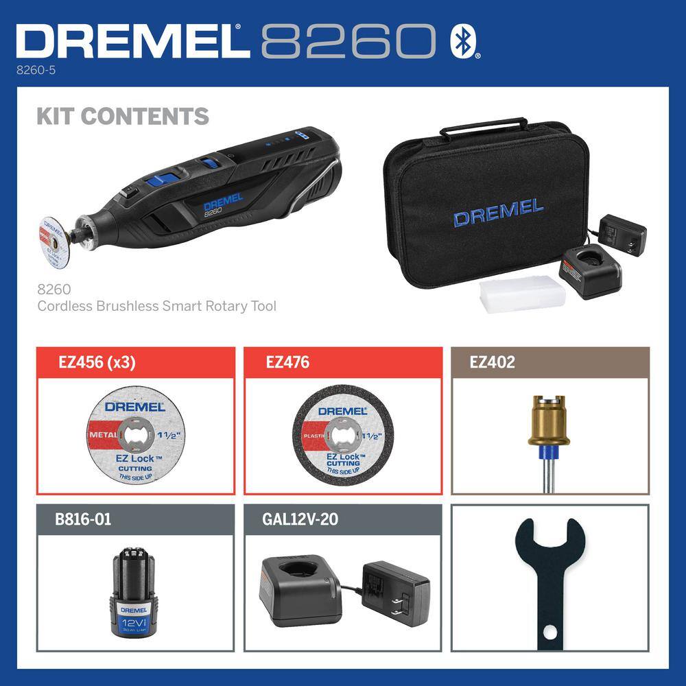 Dremel 8260 12VLi-Ion Variable Speed Cordless Smart Rotary Tool with Brushless Motor5 accessories3Ah BatteryChargerTool Bag 8260-5