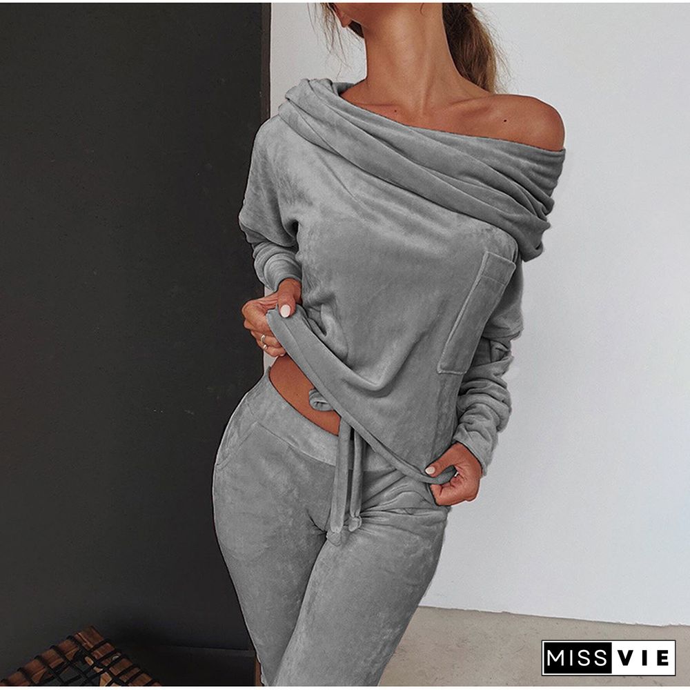 Sweatshirt Women 2 Pieces Set Tracksuit Autumn One Shoulder Sweatshirt Pants Sets Sport Wear Tracksuit Velvet Lounge Suit