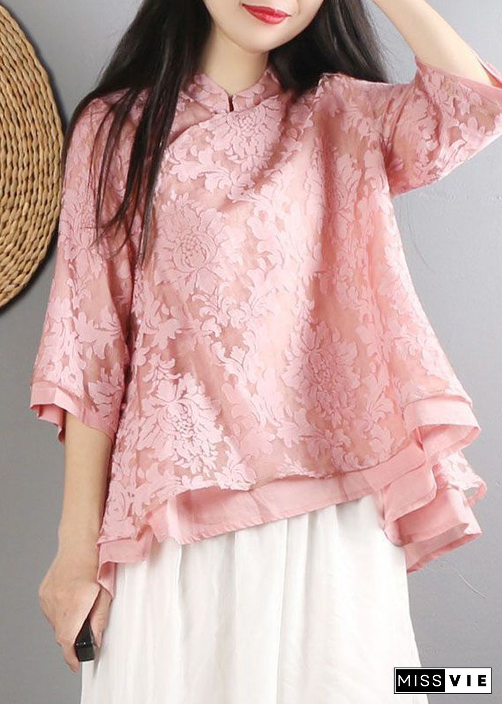 Women Pink Mandarin Collar Cotton Shirt Top Bracelet Sleeve