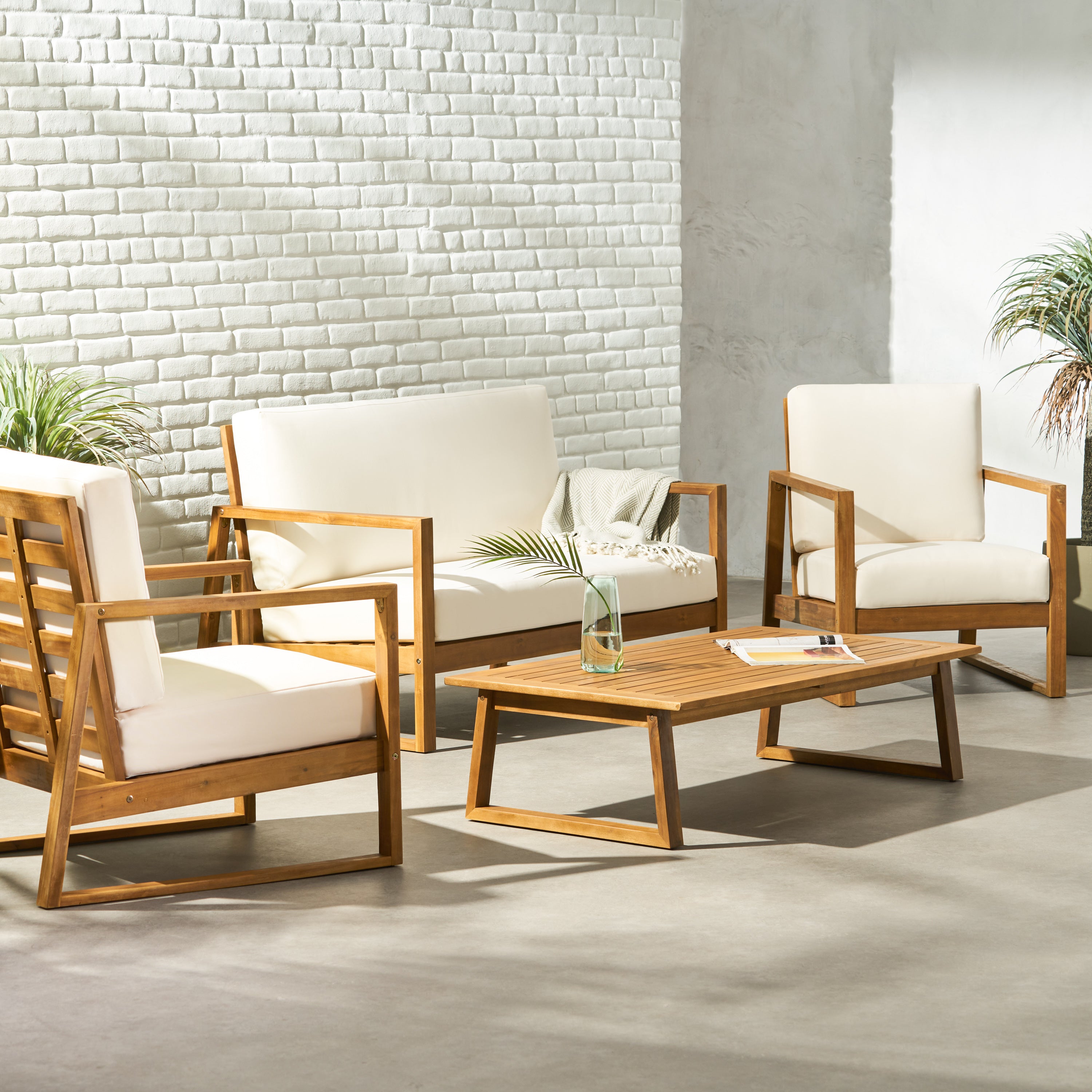 Marlee Outdoor Acacia Wood 4 Seater Chat Set with Coffee Table