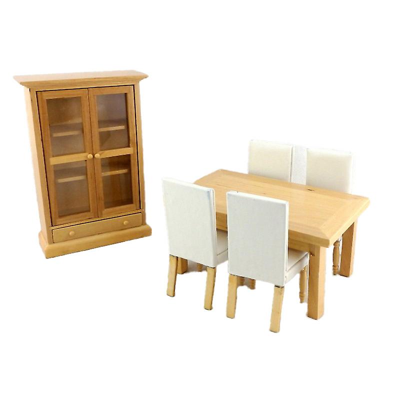 Dolls House Miniature Modern Light Oak Cream Leather Dining Room Furniture Set