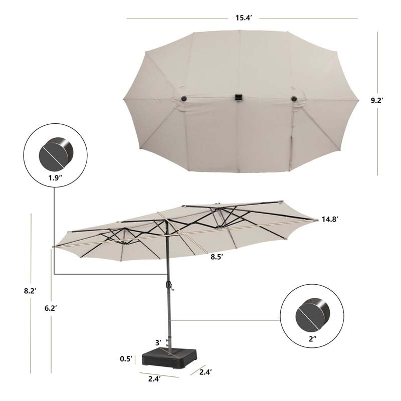 15 FT Double-Sided Patio Umbrella with 48 Solar Lights, Extra-Large Outdoor Twin Market Umbrella with Base