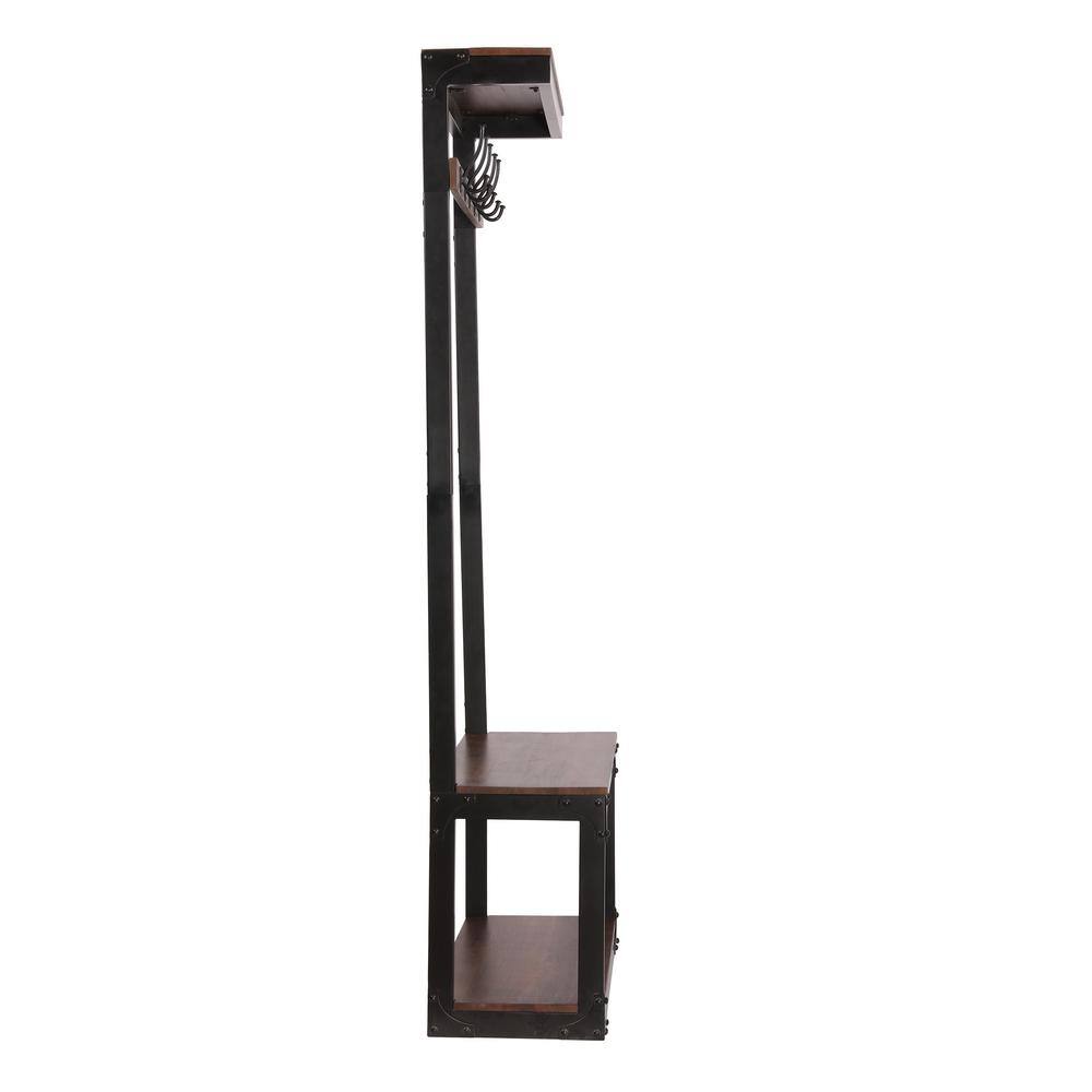 Noble House Varnell Cafe Brown and Black Wood and Metal Coat Rack with Bench 104947