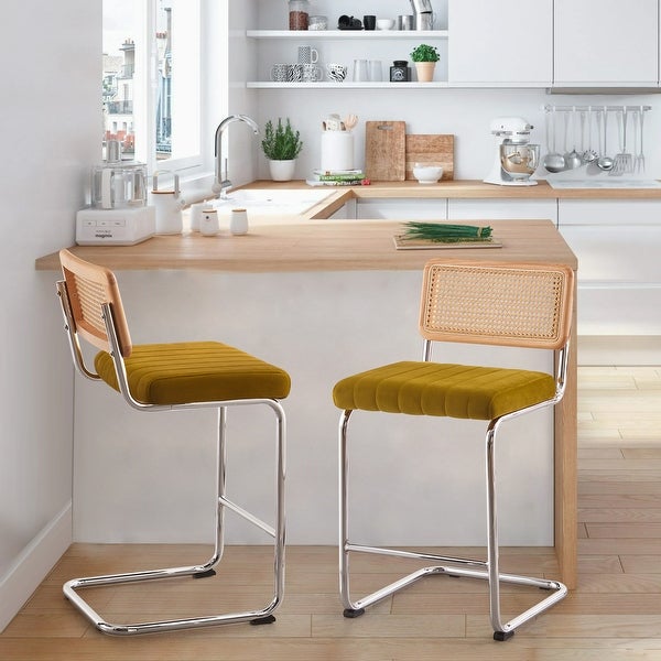 Modern Velvet Upholstered Bar/Counter Stools with Rattan Backrest