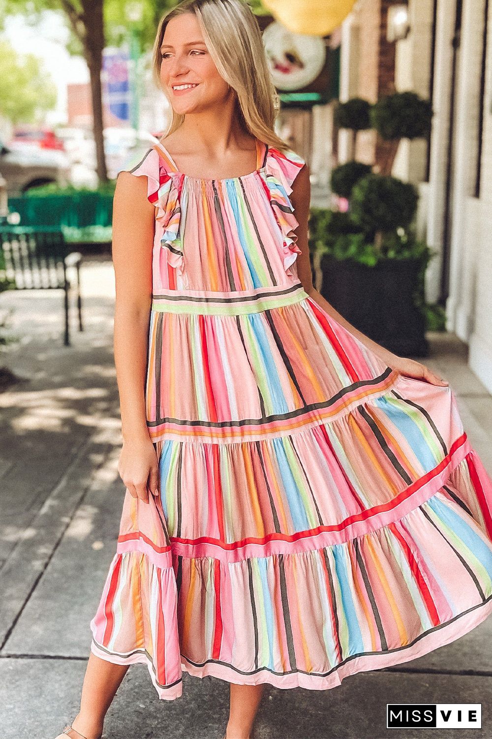 Pink Rainbow Stripe Ruffles Ruched Tiered Dress