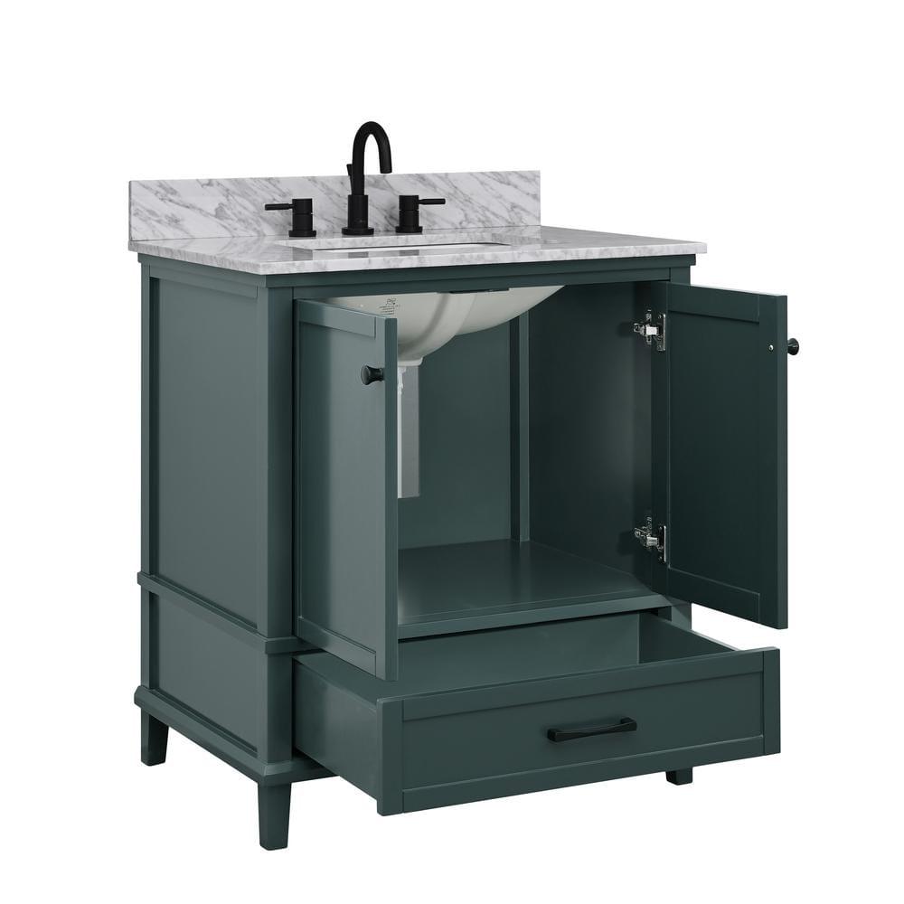 Home Decorators Collection Merryfield 31 in W x 22 in D x 35 in H Bathroom Vanity in Antigua Green with Carrara White Marble Top