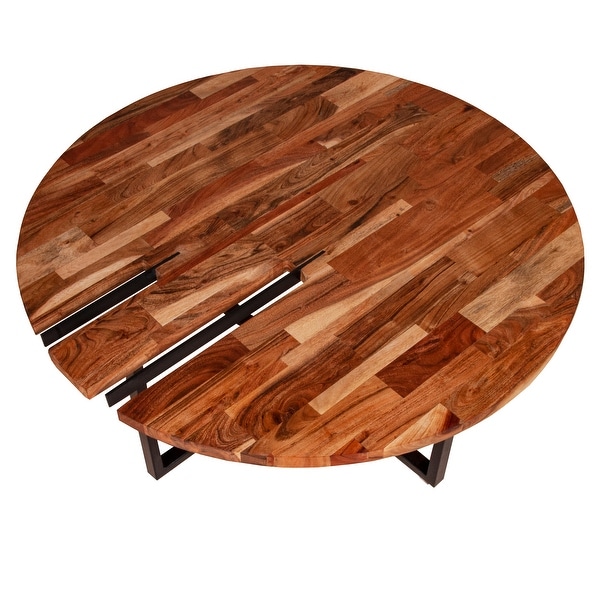 Peter 35 Inch Round Coffee Table， Solid Acacia Wood Tabletop， Steel Frame， Brown， Black