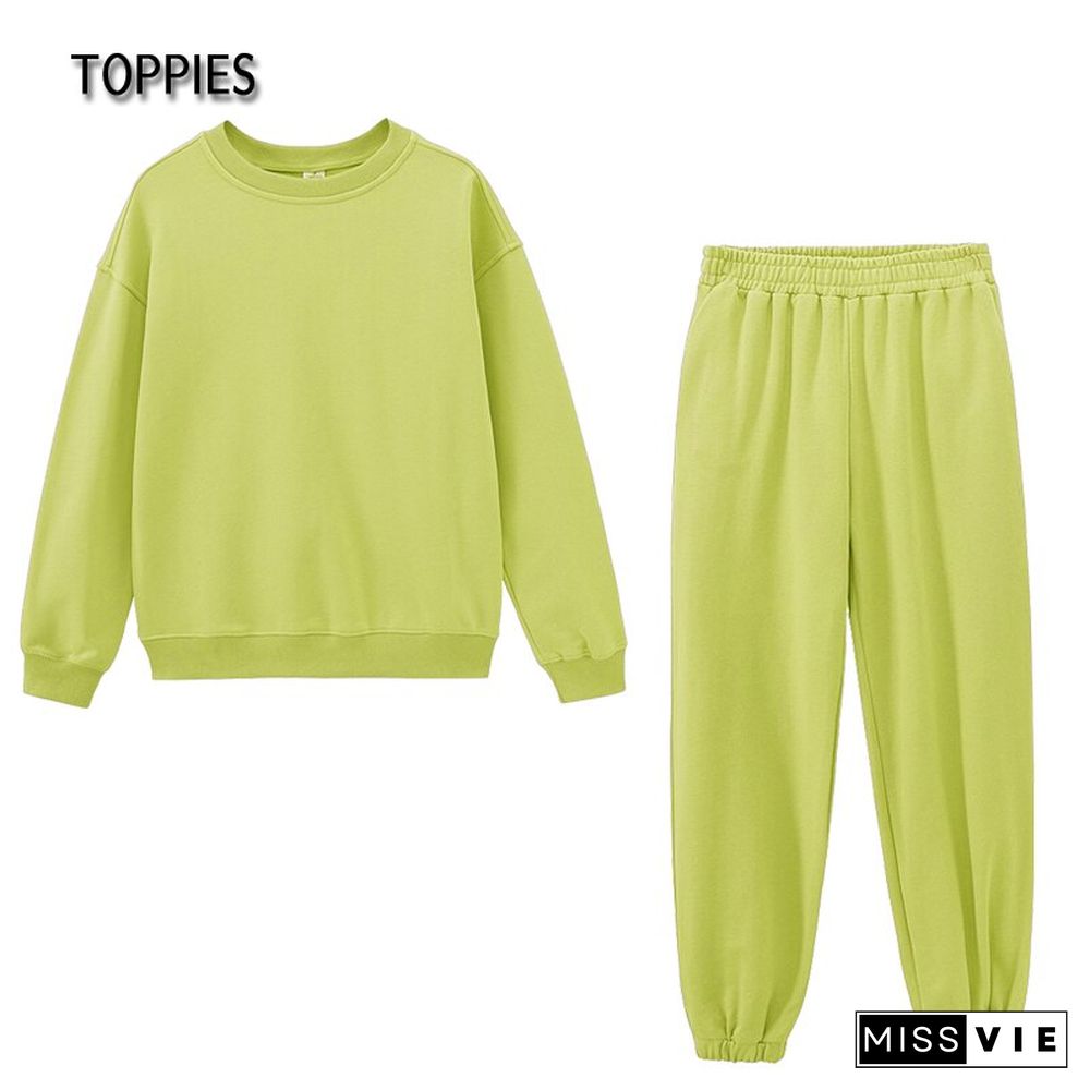 Toppies Casual Oversized Two Piece set woman Suit Female Tracksuit Pant O-neck Sweatshirts White Sweatpants