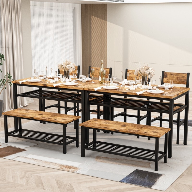 Industrial Dining Table Set for 4  4 Piece Kitchen Table with Bench and Chairs  Rustic Dining Set with Storage Rack