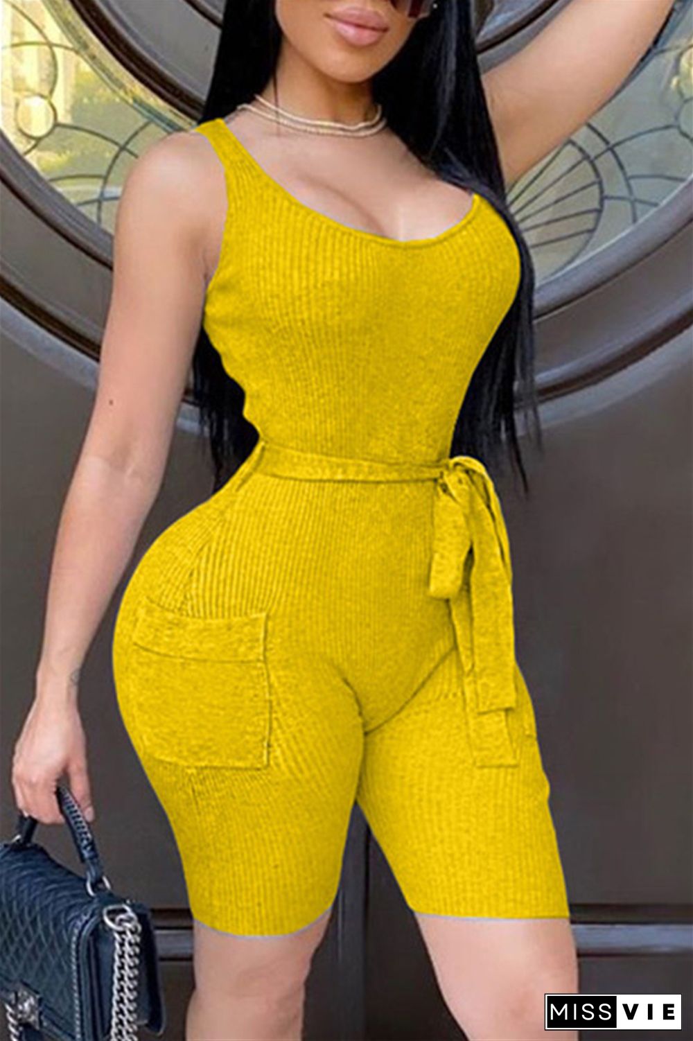 Yellow Fashion Sexy Solid Sleeveless Slip Rompers