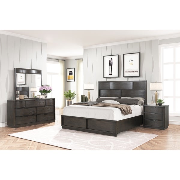 Roundhill Furniture Belani Wood Panel Bed Set， Bed， Dresser， Mirror， Two Nightstands， and Chest， Espresso - - 36183445