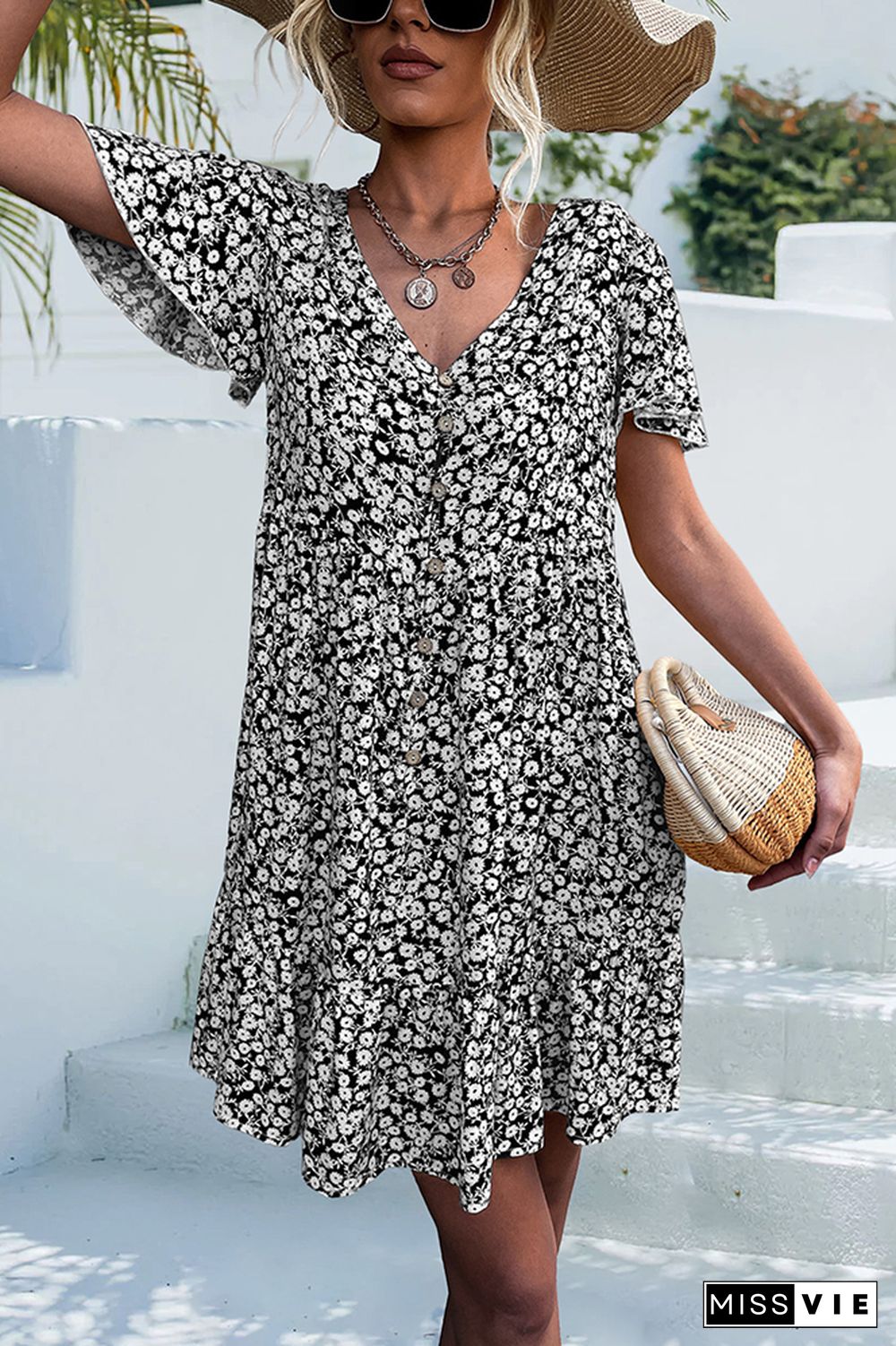 V Neck Button Short Sleeves Floral Dress