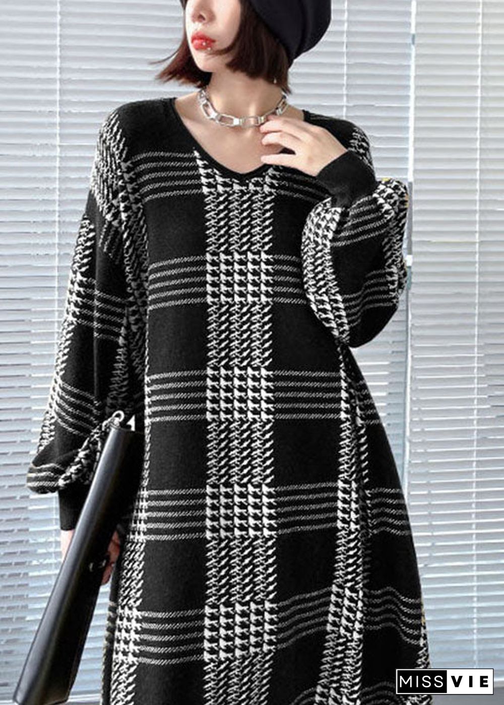 Women White Plaid Casual Fall Knitted Dress