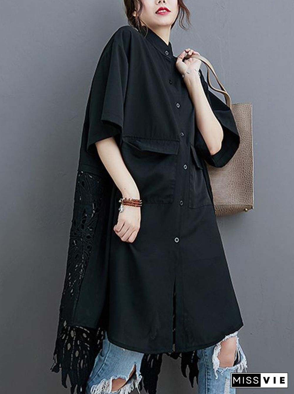 Loose Split-Joint Hollow Solid Long Blouse