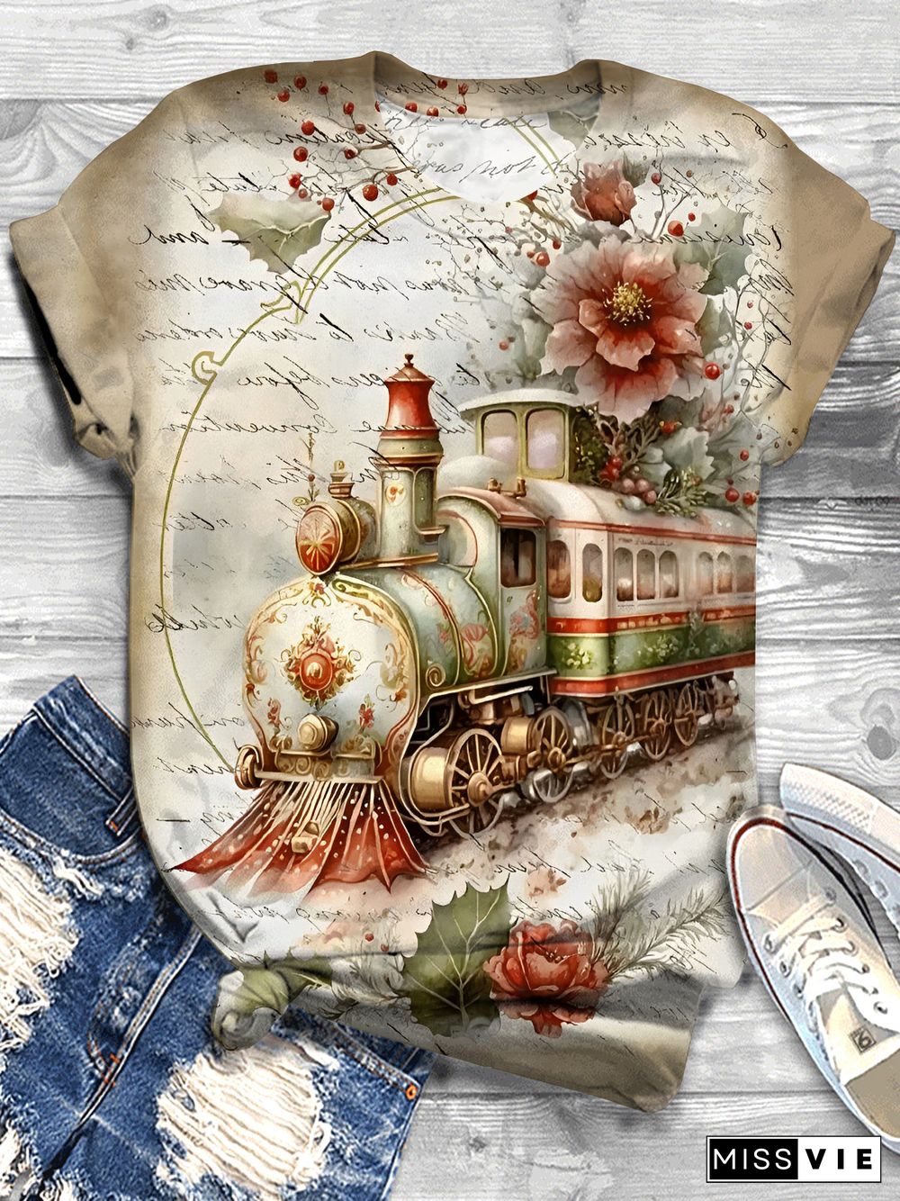 Christmas Train Print Crew Neck T-shirt