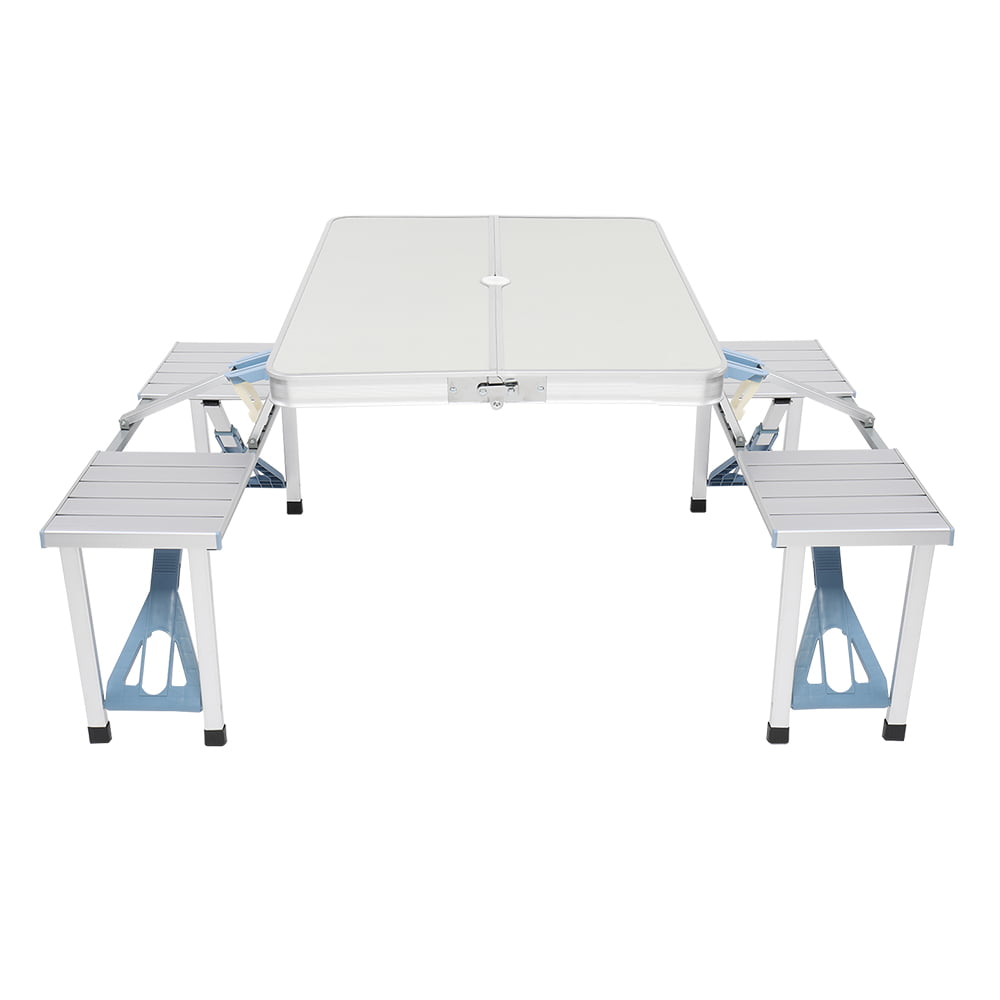 Folding Camping Picnic Table with 4 Seats with Patio Umbrella Hole， Portable Table Aluminum Alloy Frame with Soft Handle for Barbecue， Travel， Outing， Gathering