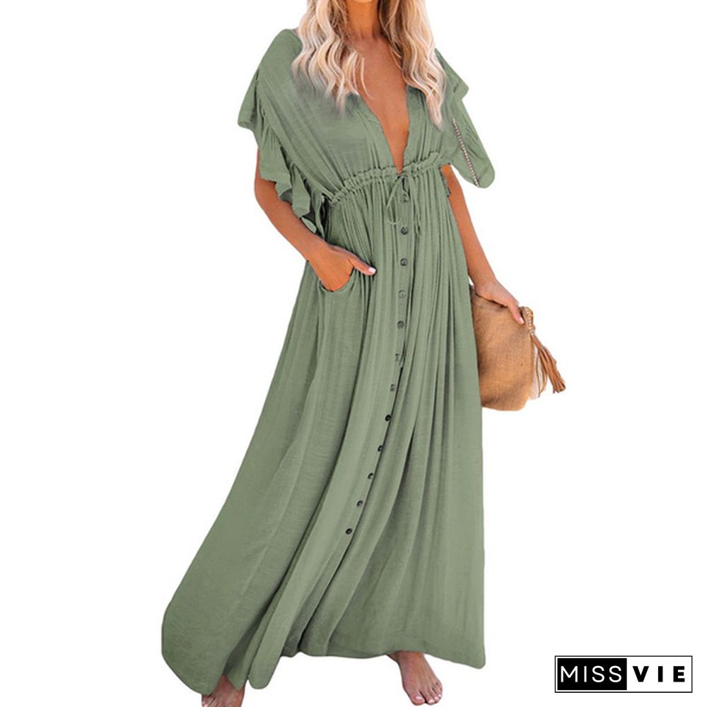 Woman Bohemian Boho Fashion Elegant Sexy V Neck Bikini Cover-ups Long White Tunic Casual Summer BeachDress Elegant Women BeachWear Swim Suit Cover Up Loose Maxi Pregnant Maternity Dresses Plus Size