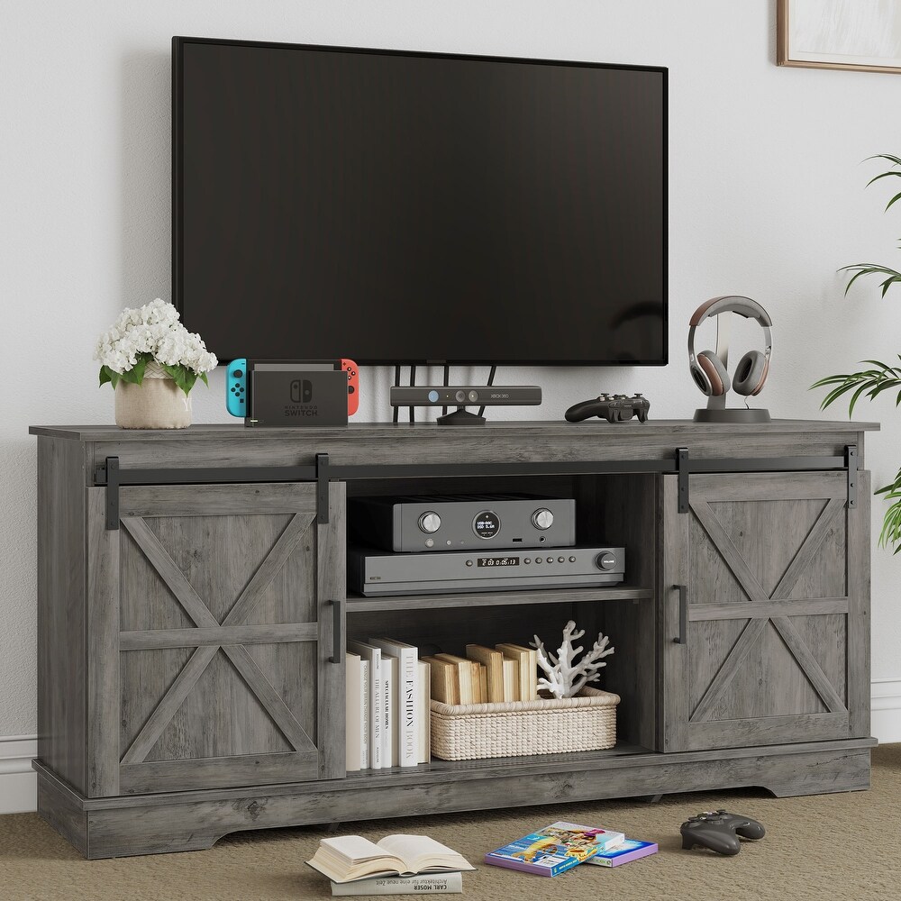 Farmhouse Wood TV Stand 59 inch Sliding Barn Door Entertainment Center for TV up tp 65\