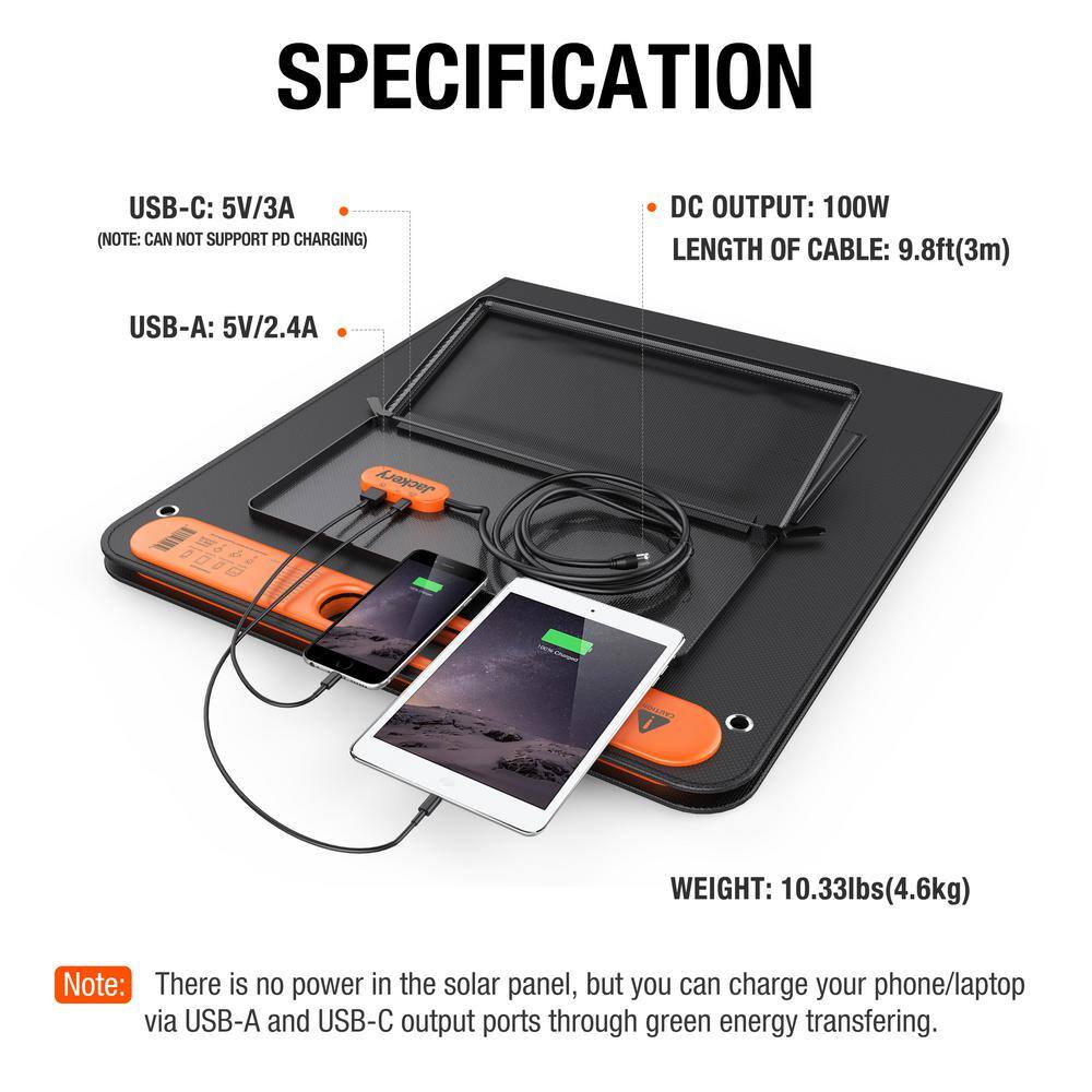 Jackery SolarSaga 100-Watt Portable Solar Panel for Explorer 29055088010001500 Power Station with built-in 2 USB Outputs HTO587DG-USA