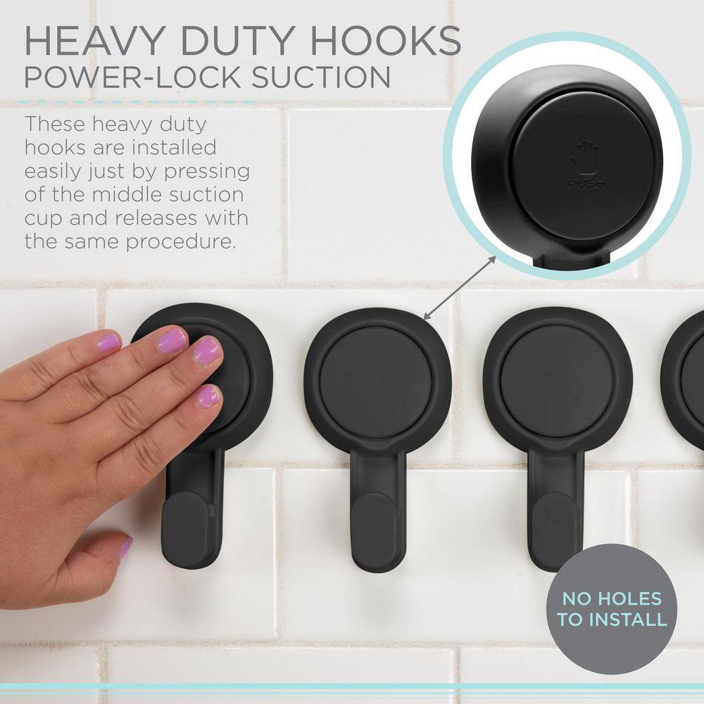 Bath Bliss Gel-Suction Power J-Hook RobeTowel Hook in Matte Black 4-Pack 26751-MATTEBLACK