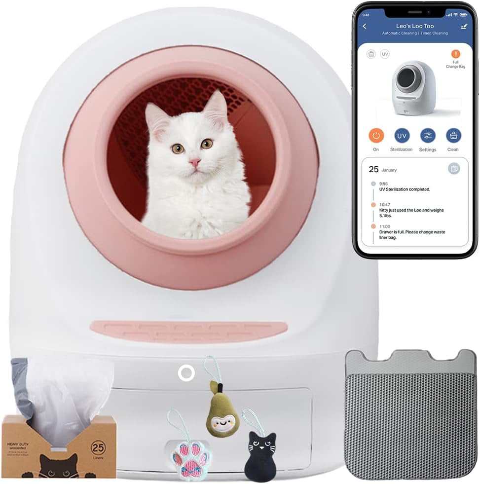 Leo's Loo Too Bundle Pink - No Mess Automatic Self-Cleaning Cat Litter Box Includes Charcoal Filter， Built-In Scale， Smart Home App With Voice Contol