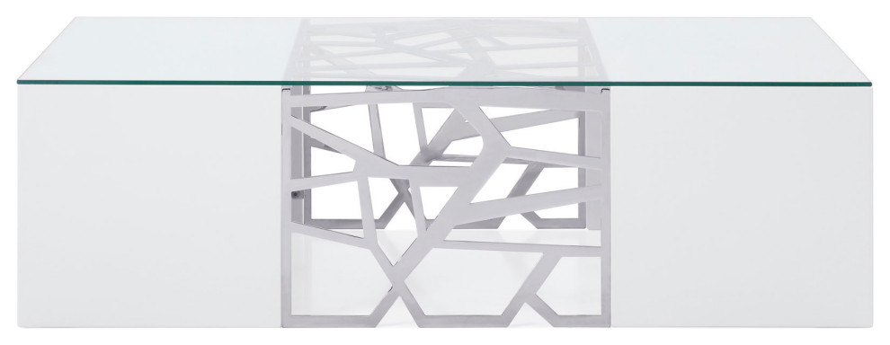 Liera Coffee Table Clear Tempered Glass Top White Lacquer Base Stainless Steel   Contemporary   Coffee Tables   by Zuri Furniture  Houzz