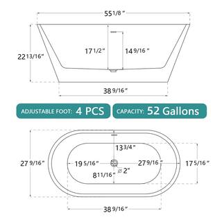 Zeafive 55 in. x 27.5 in. Acrylic Soaking Tub Flatbottom Free Standing Bathtub Chrome Anti-clogging Drain in Glossy White Z32E4S55W