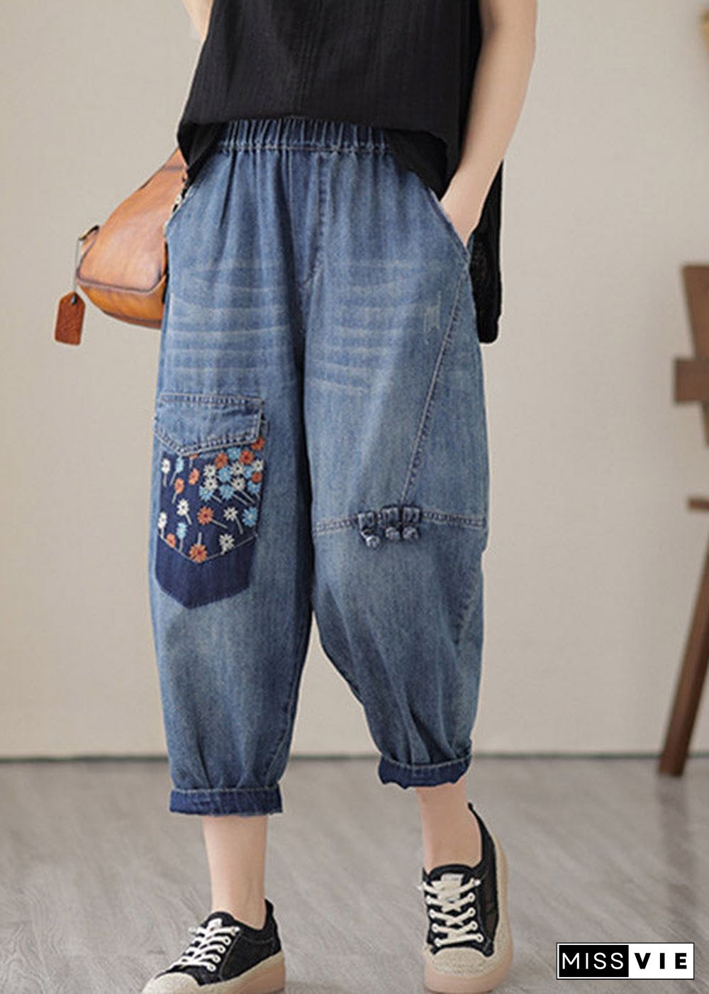 Unique Blue Elastic Waist Embroideried Patchwork Crop Pants Summer