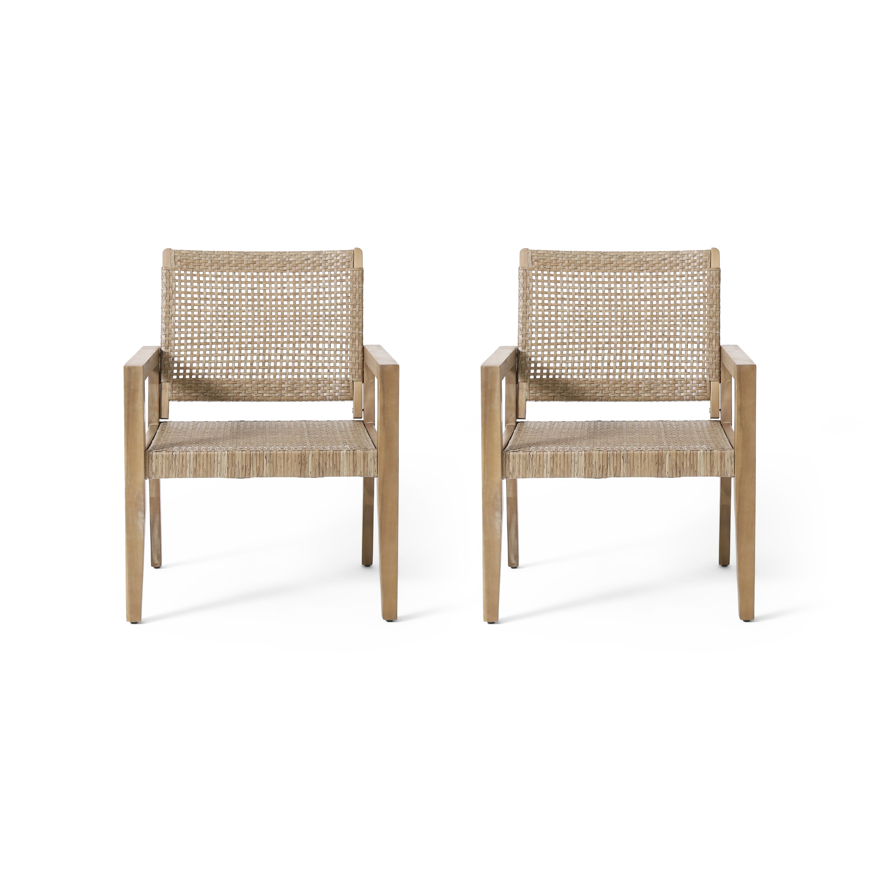 Elmcrest Outdoor Wicker and Acacia Wood Club Chairs, Set of 2, Light Multibrown and Light Brown