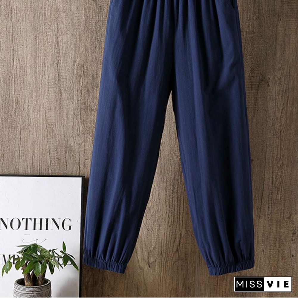 Casual Style Cotton Linen Pants Women Spring Summer New Elastic Waist Solid Basic Retro Loose Women'S Harem Pants Trousers