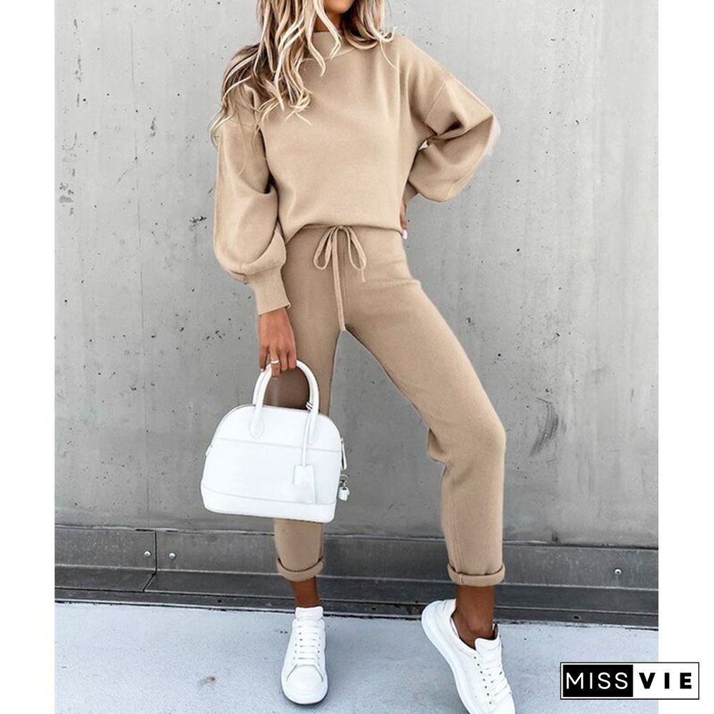 Women Casual 2-piece Outfit Set Long Sleeve High Collar Top And Pants Set For Ladies Female Two Piece Set Top And Pants