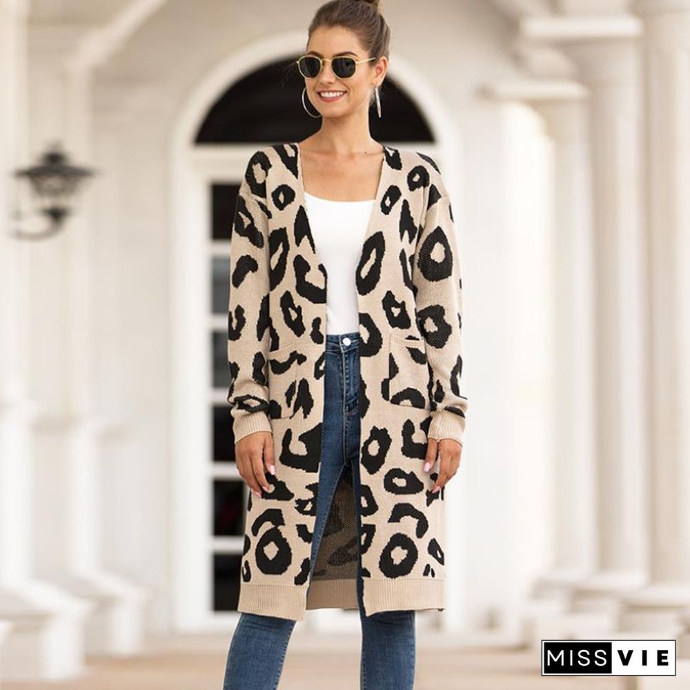 Veste Femme Loose Sweater Coats Autumn Winter Sweater Overcoat Leopard Cardigan Casual Knitwear Jacket Women Knit Long Coat