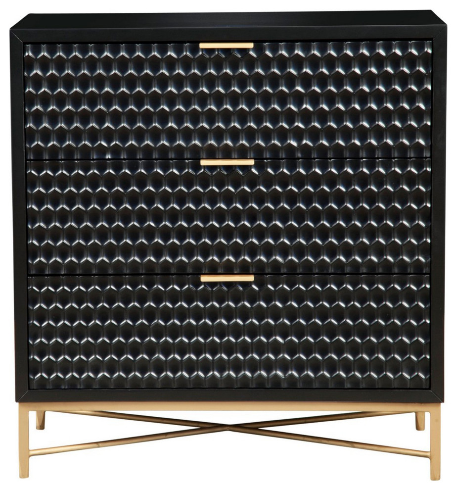 Benzara BM284293 3 Drawer Small Dresser Chest  Honeycomb Panels  Black  Gold   Contemporary   Accent Chests And Cabinets   by Uber Bazaar  Houzz