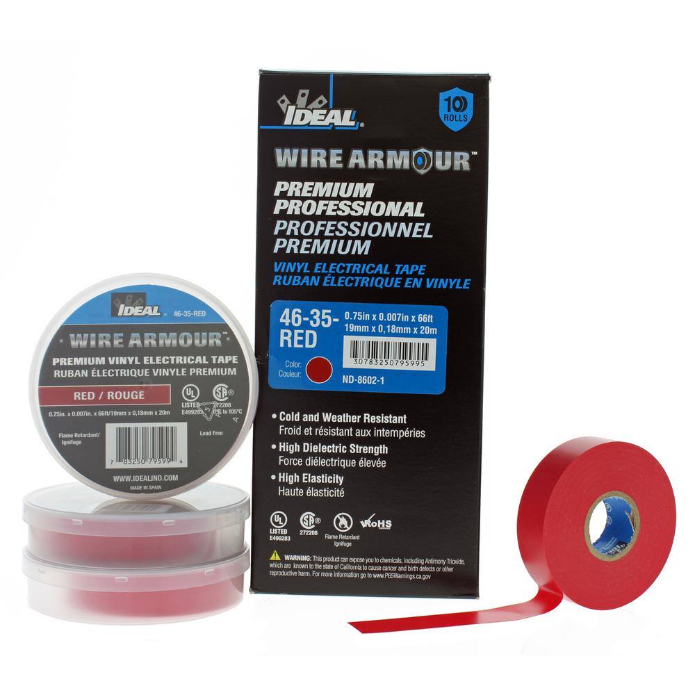 IDEAL Wire Armour 34 in. x 66 ft. Premium Vinyl Tape Red (10-Pack) 46-35-RED-10PK