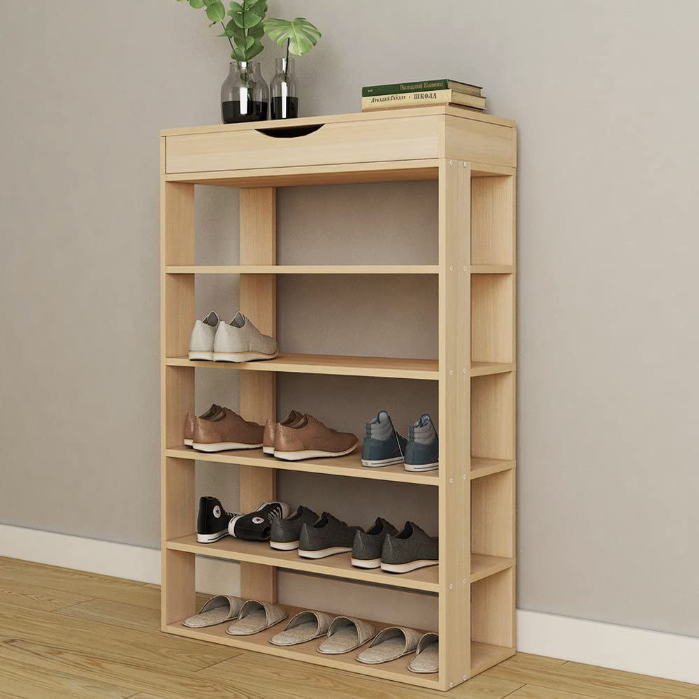 SogesPower Wooden Shoe Rack 5 Tier Shoe Storage Shelf Free Standing Shoe Organizer for Entryway， Hallway， Beige