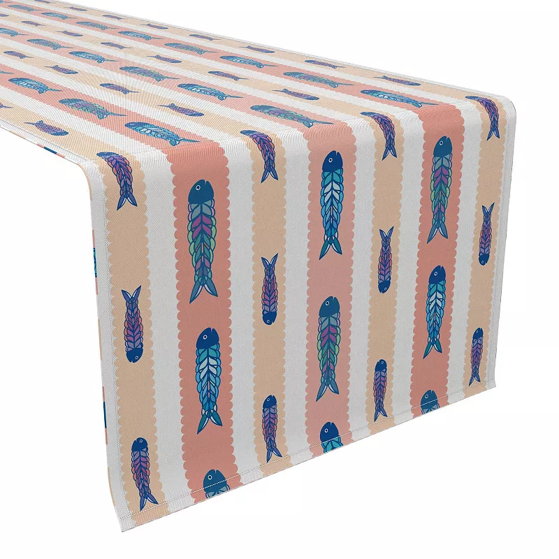 Table Runner， 100% Cotton， 16x108， Fish in Scalloped Stripes