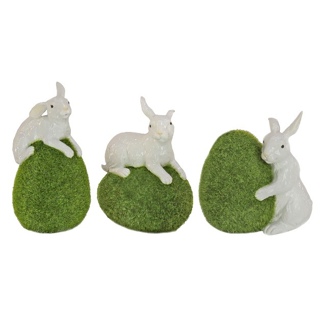 Artificial Green Moss Eggs With White Bunnies set Of 3 National Tree Company