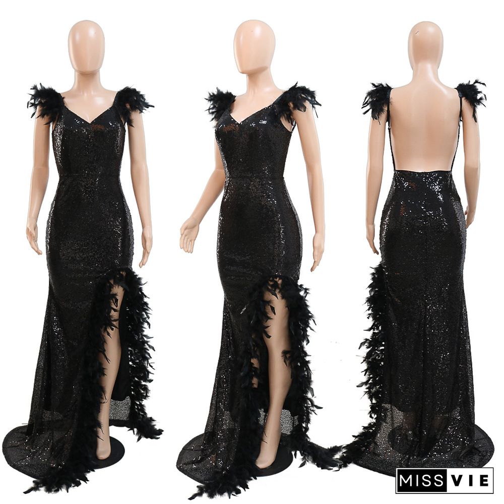 Sexy V-neck Feather Camisole High Slit Sequined Backless Dress