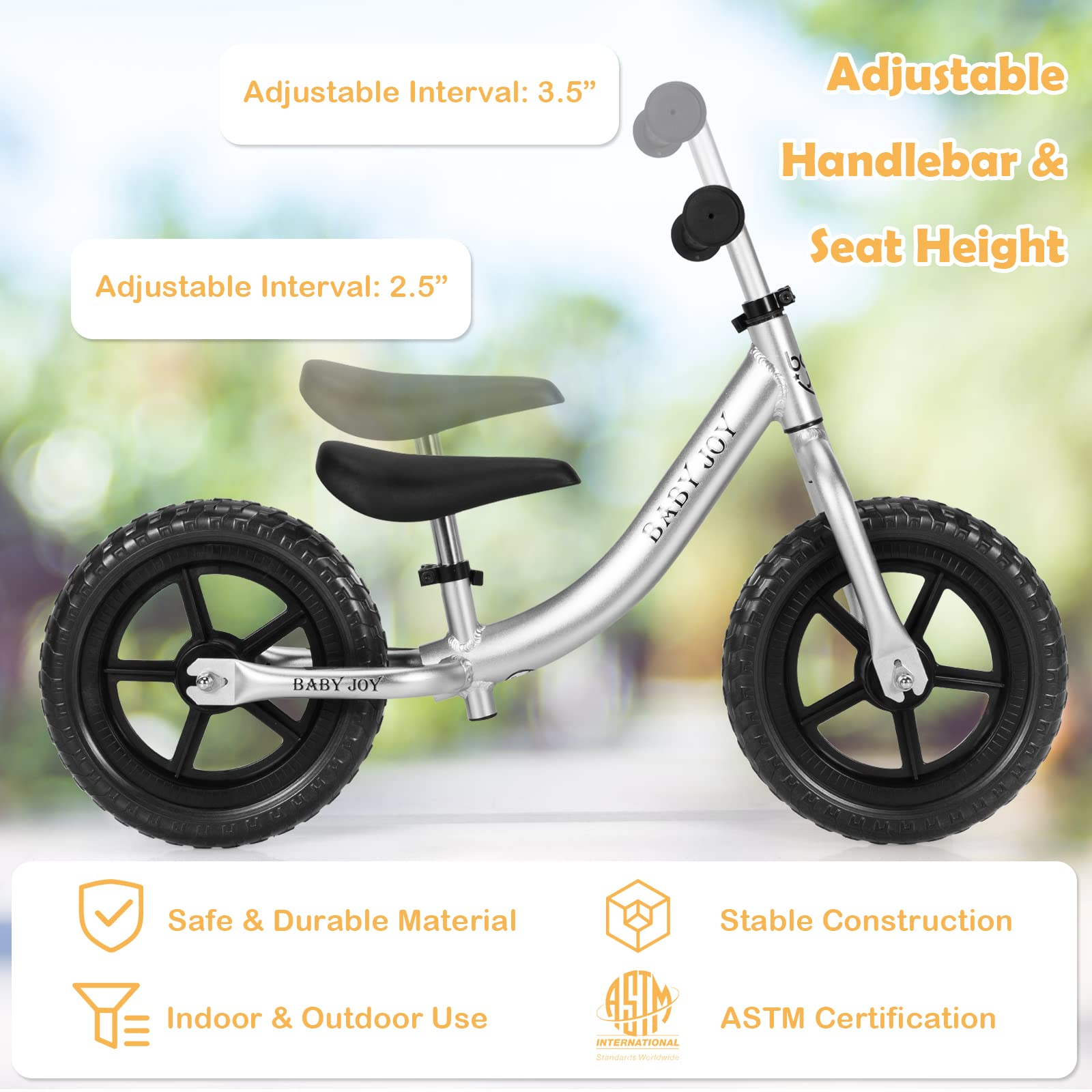 BABY JOY Kids Balance Bike, No Pedal Training Bicycle with Adjustable Handlebar & Seat