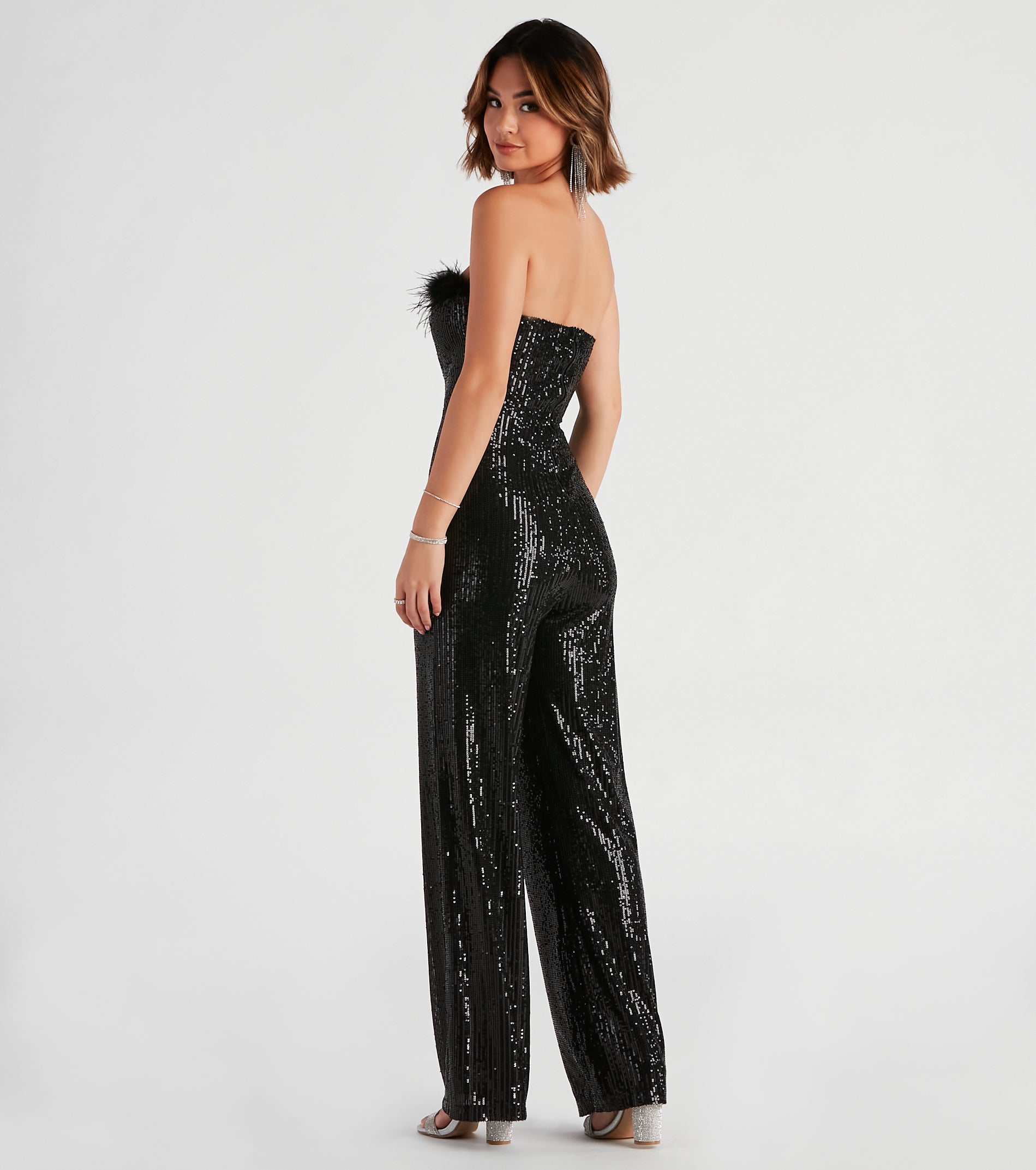 Always Fabulous Feather-Trim Sequin Jumpsuit