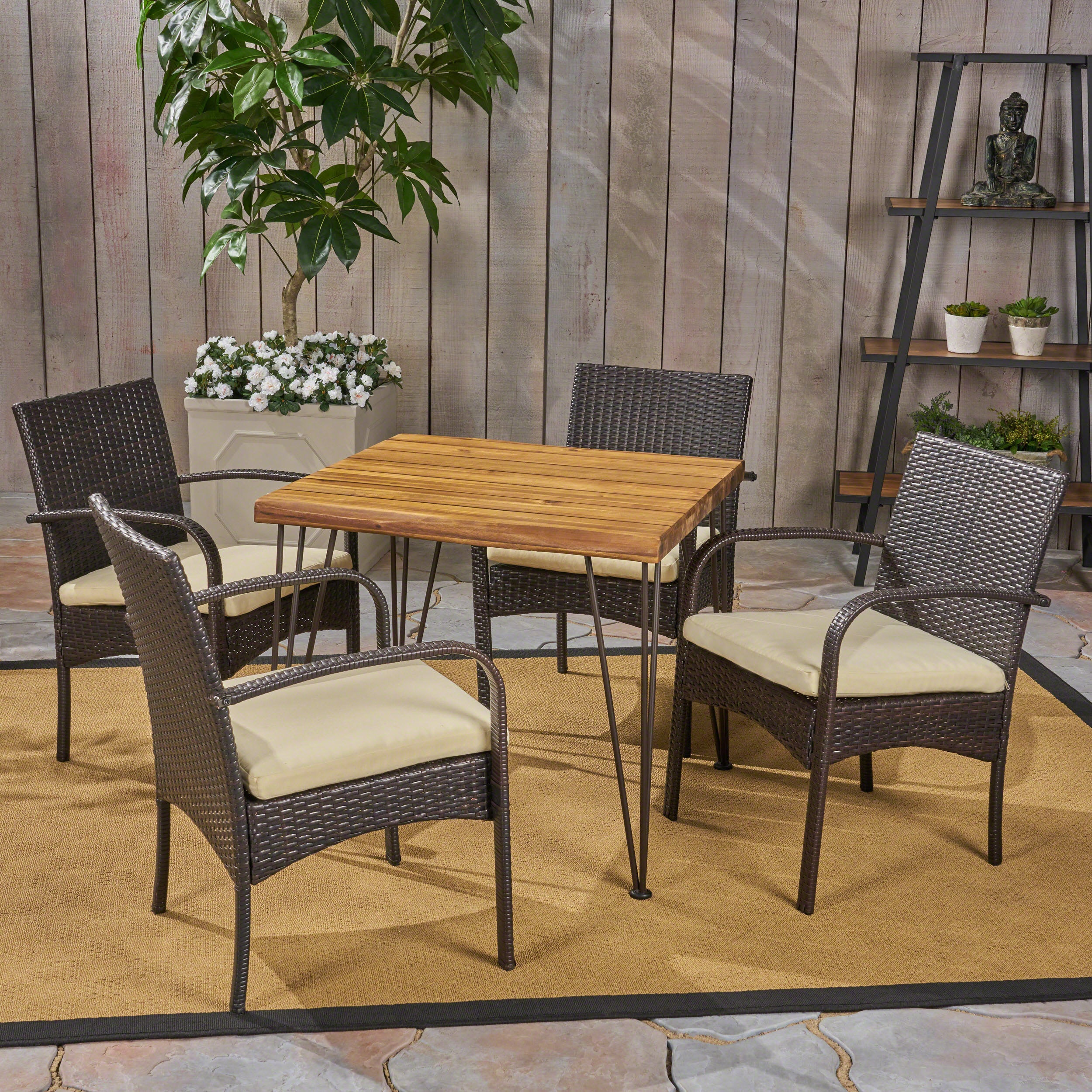 Brady Outdoor Industrial Wood and Wicker 5 Piece Square Dining Set, Teak and Multi Brown and Crème