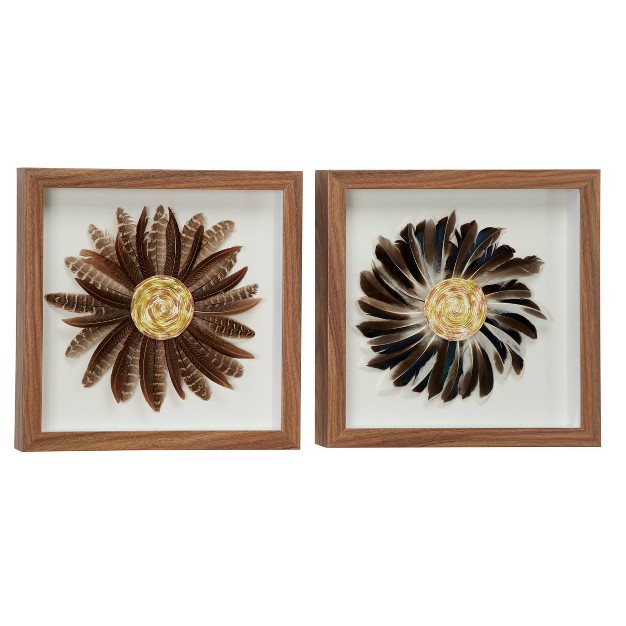 X 15 quot Eclectic Style Feather Shadow Box Wall Decor In Square Wood Frames Brown And Black Olivia amp May