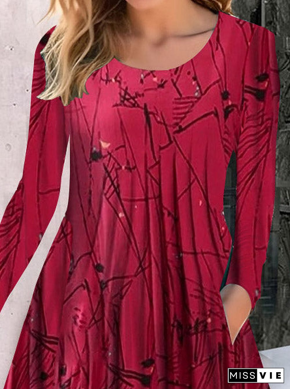 Women's Long Sleeve Scoop Neck Graphic Printed Midi Dress