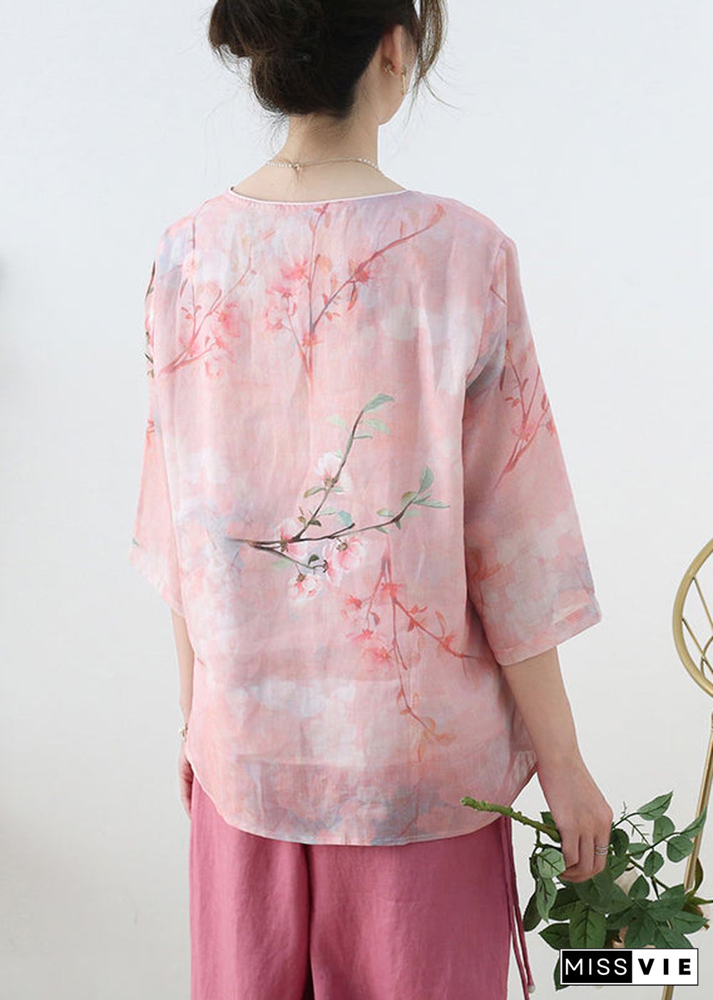 Elegant Pink V Neck Print Linen Shirt Top Half Sleeve