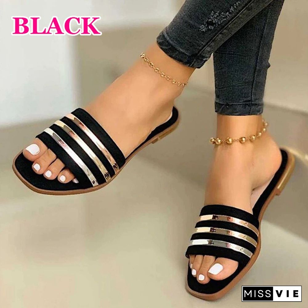 Women New Fashion Summer Open Toe Square Toe Flat Slippers Beach Shoes Casual Sandal Slippers